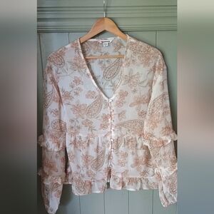 American Eagle Outfitters Sheer Floral Ruffle Button-Front Top - Cream & Pink